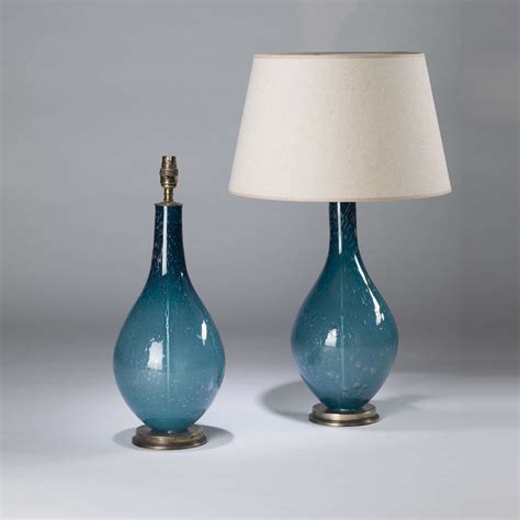 Pair Of Medium Blue Glass Teardrop Bubble Lamp On Round Antiqued Brass Bases T4453 Tyson