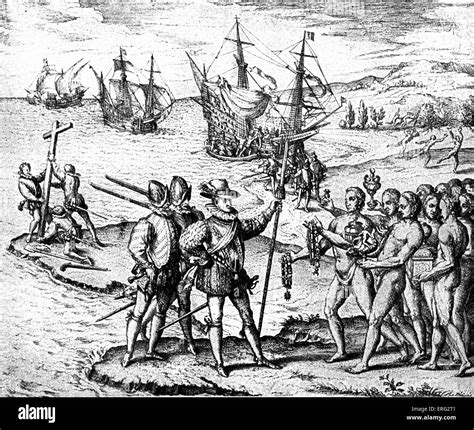 Christopher Columbus With Native Americans High Resolution Stock