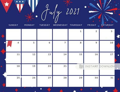 July Calendar 2021 Independence Day 4th Of July Us Etsy In 2021