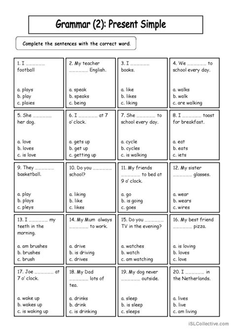 Present Simple Grammar Multiple Choi English Esl Worksheets Pdf Doc