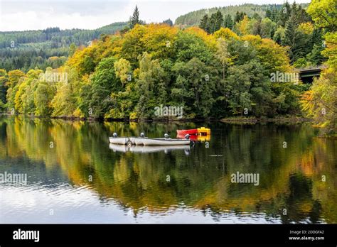 Boats Moored On Loch Faskally Near Pitlochry In Perthshire Scotland