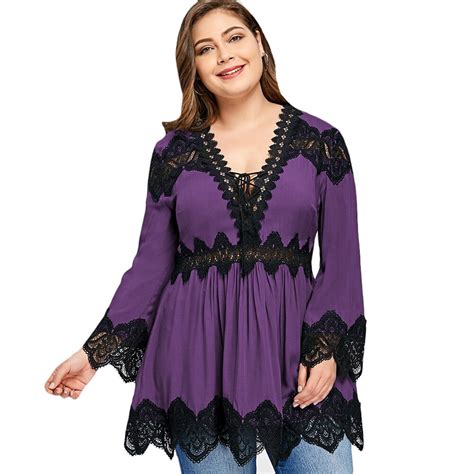 Wipalo Women Long Sleeves 5XL Shirts Autumn Plus Size Lace Panel V Neck