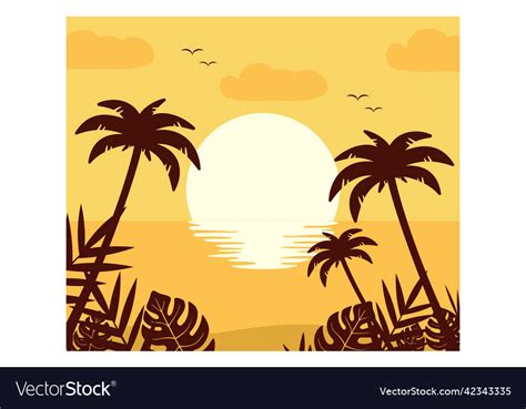 Flat Sunset Beach Background Design Royalty Free Vector