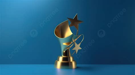 Golden Award On A Blue Background 3d Rendering Gold Star Trophy On