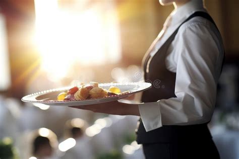 Waitress Carrying Three Plates With Meat Dish Stock Image Image Of