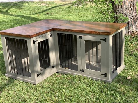 Pams L Shape Corner Dog Kennel In Hammered Pewter And American Walnut