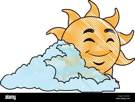 Drawing Cute Smiling Cartoon Sun And Cloud Vector Illustration Stock