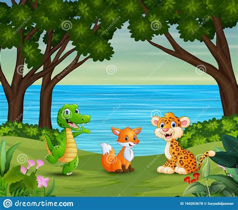 Happy Animals Cartoon Are Enjoying In The Beautiful Nature Stock Vector