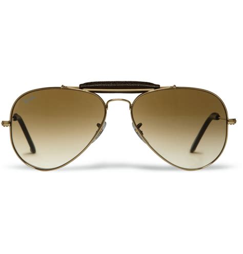 ray ban outdoorsman leathertrimmed aviator sunglasses in gold metallic for men lyst