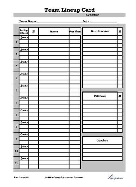 Softball Lineup Card Download And Print Pdf Template File