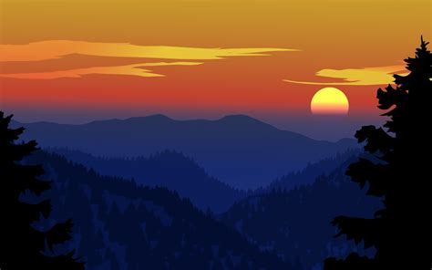 Beautiful Dramatic Sunset At Mountains With Silhouette Of Fir Trees
