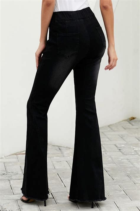 Fashionable Black Distressed Bell Bottom Denim Pants Wholesale Jeans