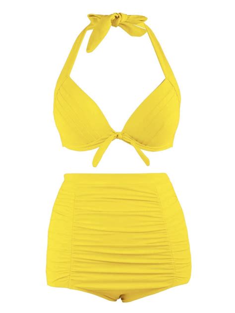 Dresslily Halter Vintage High Waist Bikini Swimwear Taylor Swift S Yellow Solid And Striped