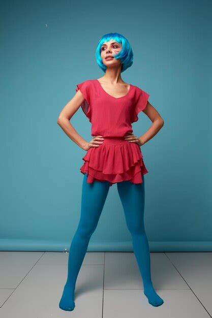 premium photo close up of a flirtatious female model on blue background wearing a blue wig