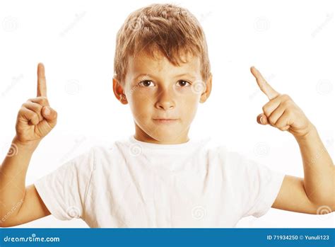 Little Cute White Boy Pointing In Studio Isolated Close Up Stock Photo