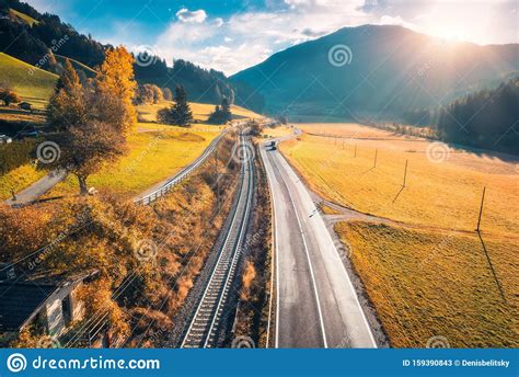 Aerial View Of The Road In Mountain Valley At Sunset In Autumn Stock
