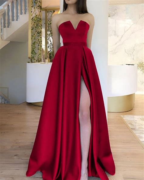 Strapless Prom Dress Floor Length Satin Evening Gown With Slit Alinanova