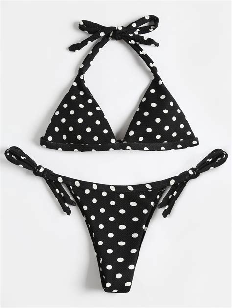 Off Polka Dot Textured String Bikini Set In Black Zaful