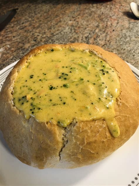 Homemade Broccoli Cheddar Soup With Homemade Bread Bowl Rfood