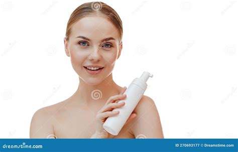 Beautiful Young Woman Wrapped In Bath Towels Holding Moisturizing Shower Gel Or Shampoo Mock Up