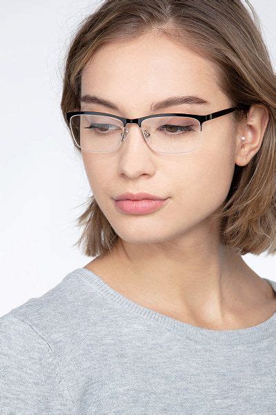 Black Rectangle Prescription Eyeglasses Medium Semi Rimless Metal
