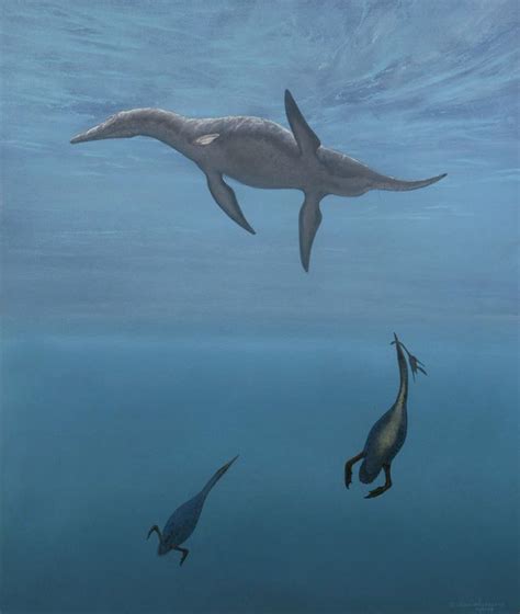 Pliosaur And Hesperornis By Doug Henderson Prehistoric Wildlife