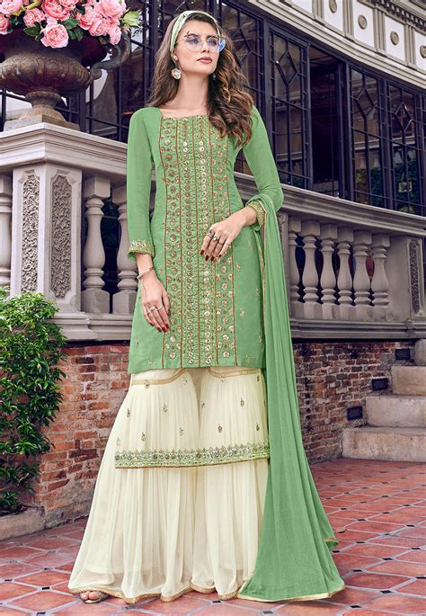 Embroidered Art Silk Pakistani Suit In Light Green Kch4767