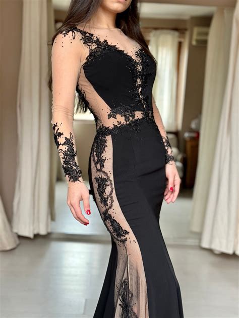 Black Formal Dress With Long Sleeve Sexy Prom Gown With Lace Etsy