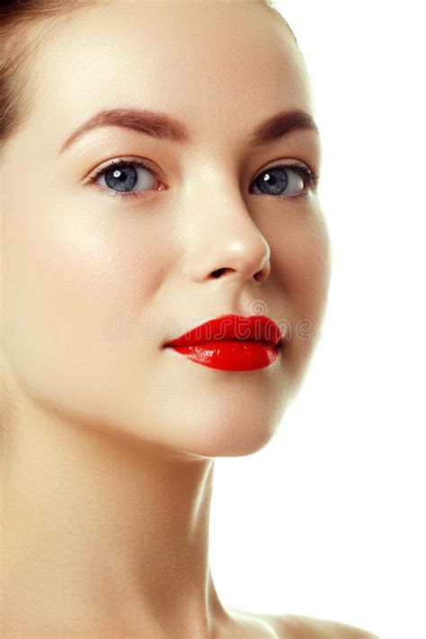 Beautiful Woman`s Purity Face With Bright Red Lip Makeup Stock Image Image Of Girl Complexion