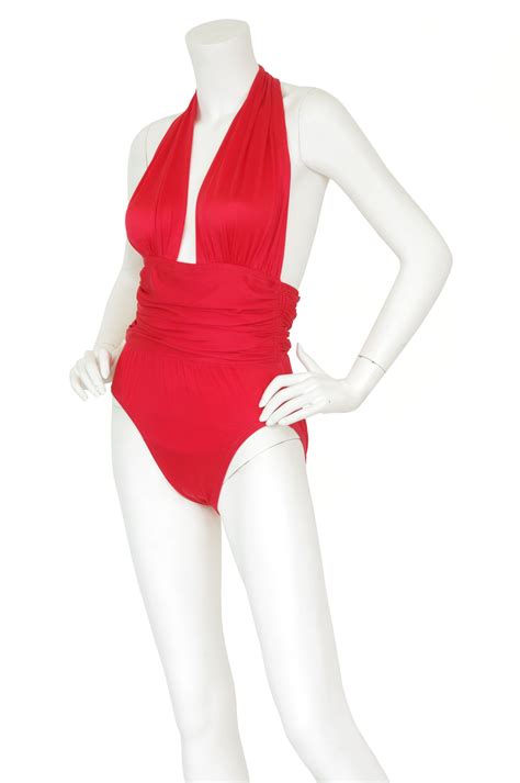 1980s Red Plunge Neck Halter Swimsuit In 2020 Swimsuits Halter