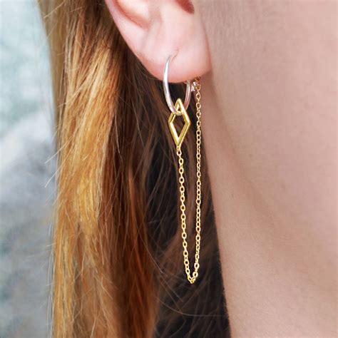 Diamond Geometric Gold Stud Hoop Chain Earrings By Otis Jaxon