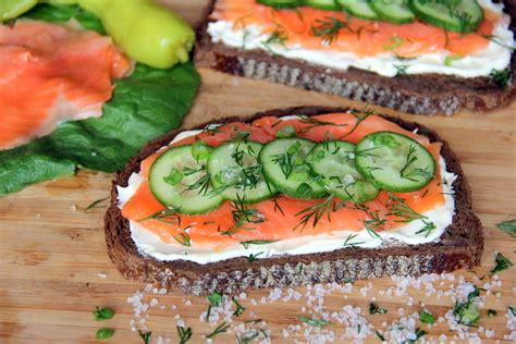 Open Faced Smoked Salmon Sandwich With Cucumber Dill And Crème Fraîche