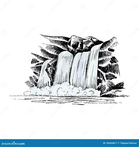 Waterfall Vector Sketch Cascade Waterfall In The Rocks Hand Drawn