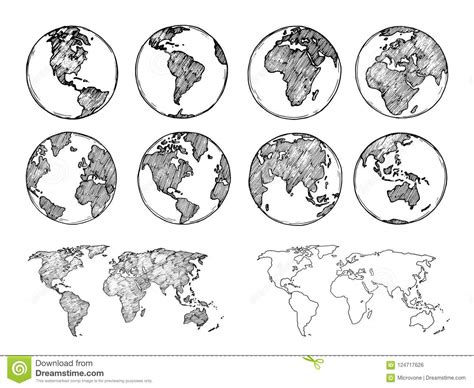 Globe Sketch Hand Drawn Earth Planet With Continents And Oceans Stock