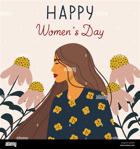 Happy Women S Day Vector Template For Greeting Card Woman With Flowers In Background And Happy