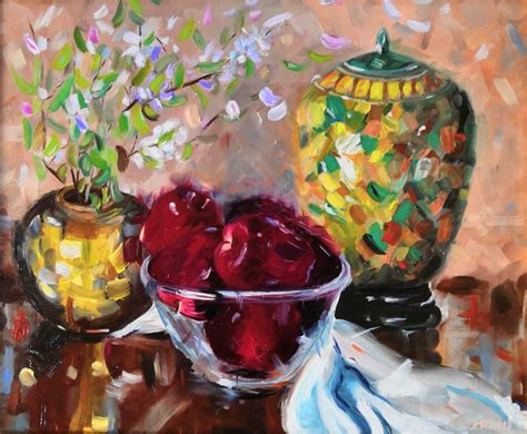 Red Apple Paintings Fruit Still Life Flowers In Vase