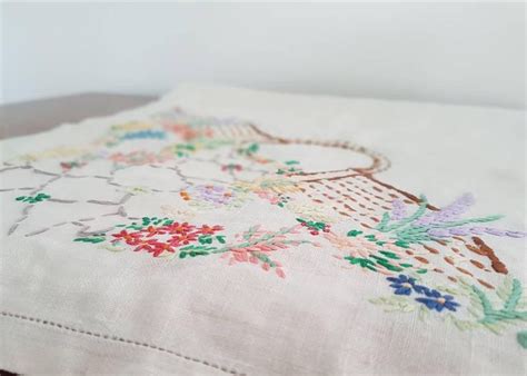 Vintage Hand Embroidered Floral Tablecloth Depicting A Floral Etsy Uk