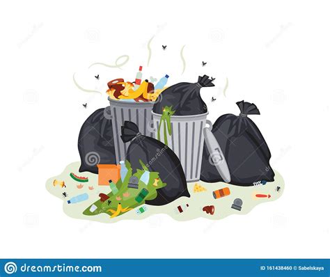 Garbage Bags And Waste Cans Stinking Flat Cartoon Vector