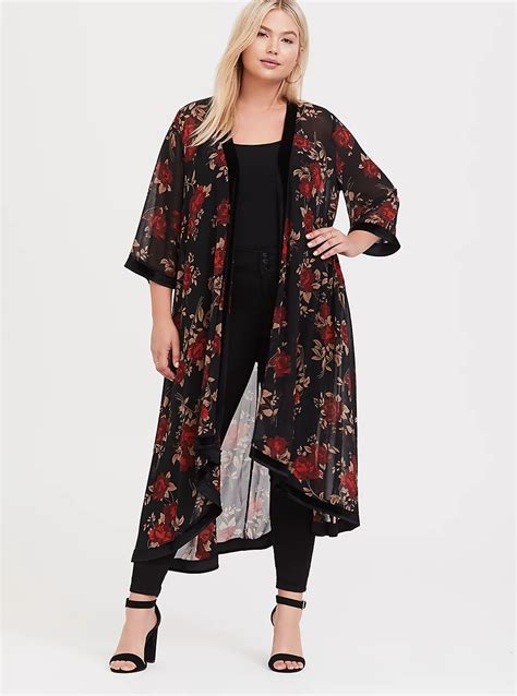 Plus Size Black And Red Floral Velvet Trim Kimono Chiffon Kimono Long