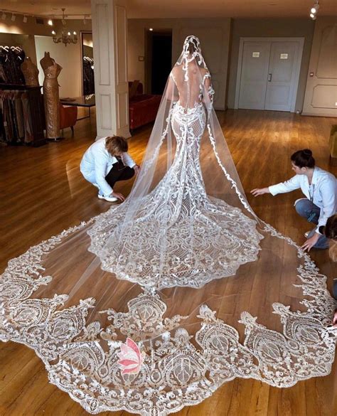 See Through Lace Long Train And Veil Wedding Dress In 2020 Custom