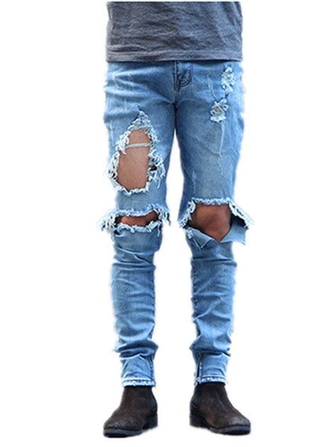 Sarriben Mens Destroyed Ripped Knee Hole Cotton Skinny Denim Jean Pants At Ripped Jeans Men