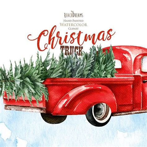 Watercolor Christmas Truck Vintage Red Pickup Pine Tree Etsy In 2022