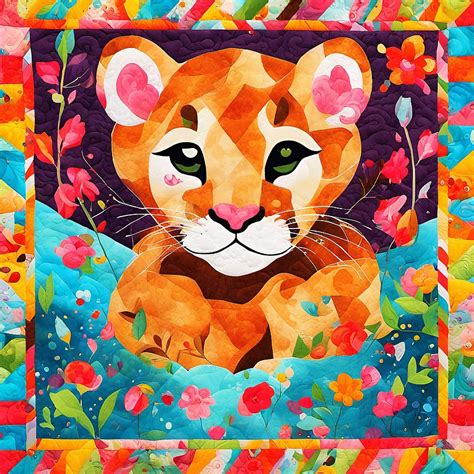 Baby Cougar Quilt Block Illustration Digital Art By Spiced Art Studio