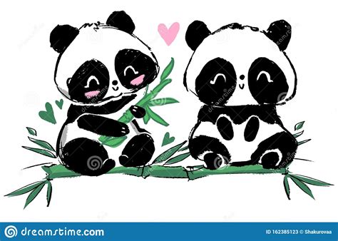 Hand Drawn Cute Panda Bear Sitting On The Bamboo Vector Illustration