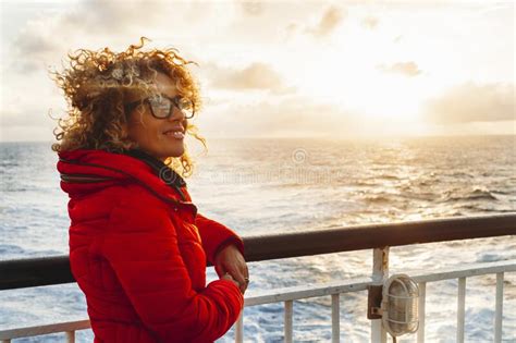 Cruise Ship Vacation Woman Enjoying Sunset On Travel At Sea Traveler