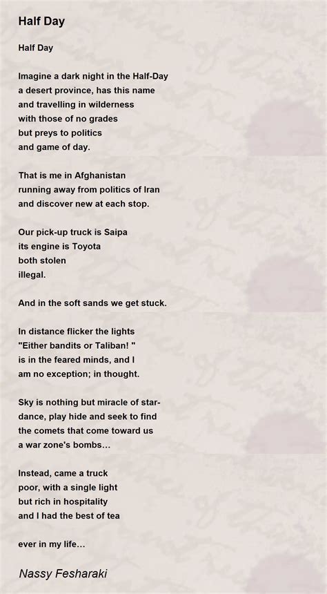 Half Day Poem By Nassy Fesharaki Poem Hunter