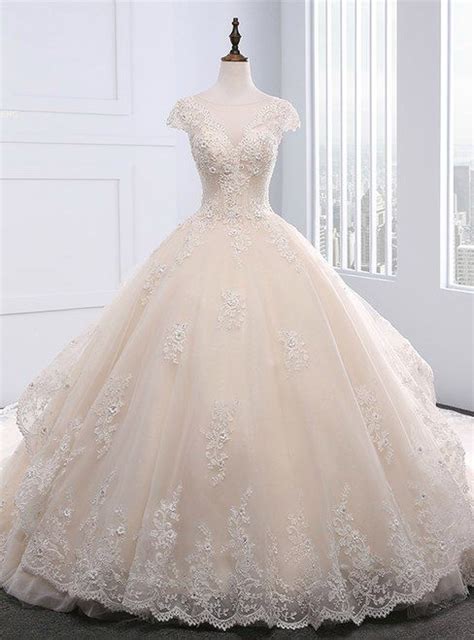 Champagne Ball Gown Tulle Beading Backless Wedding Dress Wedding Dress