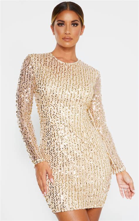 Gold Sequin Long Sleeved Bodycon Dress Prettylittlething Ie