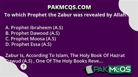 To Which Prophet The Zabur Was Revealed By Allah Pakmcqs