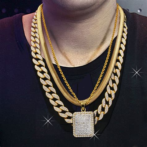 Drop Shipping Men Iced Out Pendant Necklace Herringbone Cuban Chain Hip